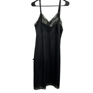 VINTAGE Spaghetti Strap Black Lace Trim Nylon Slip Dress SZ 36